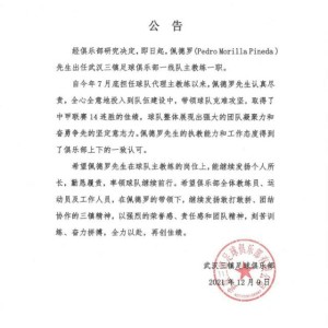 武汉三镇官宣佩德罗转正球队主教练 带队14连胜